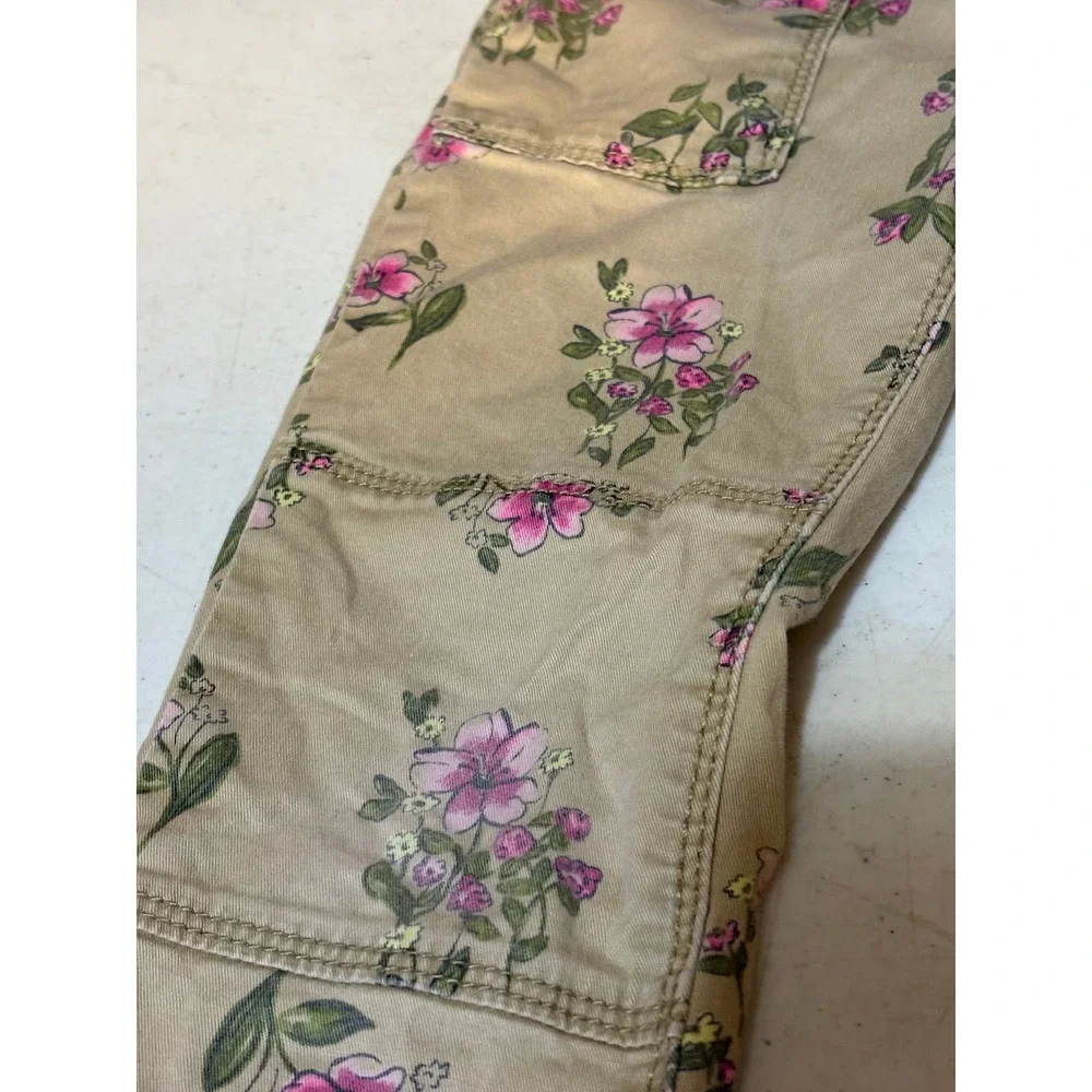 Vintage OshKosh Girls Khaki Floral Utility Pants Straight Leg Tan Pink Size 5